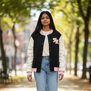 True Religion Black and Pink Varsity Jacket 
249
